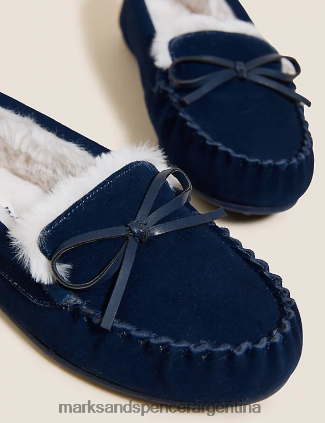 Marks & Spencer mujer pantuflas tipo mocasín con forro de piel sintética y lazo de ante calzado azul marino medio 46VL3164