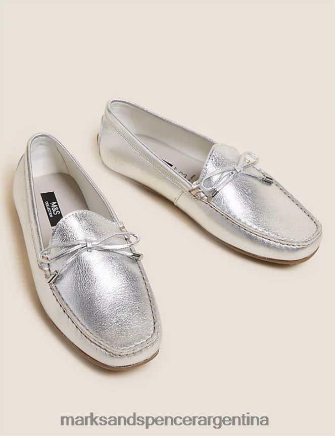 Marks & Spencer mujer náuticos de piel con lazo ancho calzado plata 46VL2026