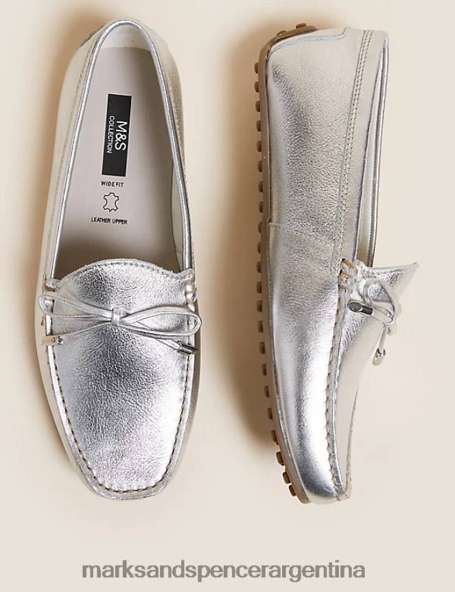 Marks & Spencer mujer náuticos de piel con lazo ancho calzado plata 46VL2026