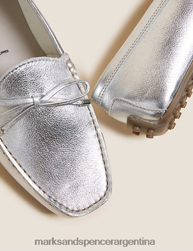 Marks & Spencer mujer náuticos de piel con lazo ancho calzado plata 46VL2026