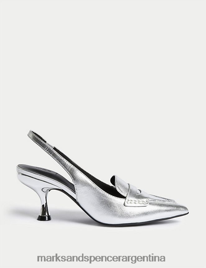 Marks & Spencer mujer zapatos con tacón de gatito y tira trasera en punta calzado plata 46VL722
