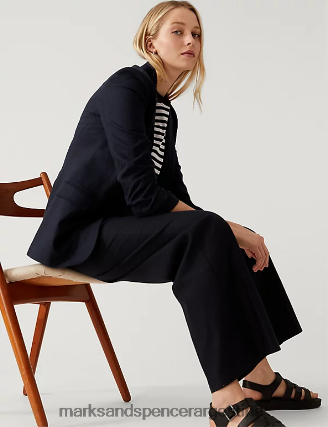 Marks & Spencer mujer blazer en mezcla de lino con mangas fruncidas ropa azul marino de medianoche 46VL3024
