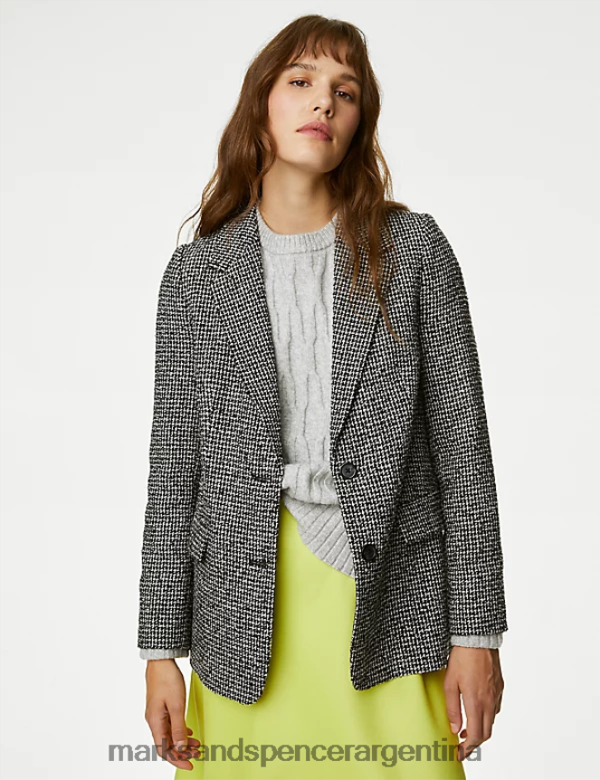 Marks & Spencer mujer blazer relajado de tweed a cuadros con botonadura simple ropa mezcla negra 46VL106