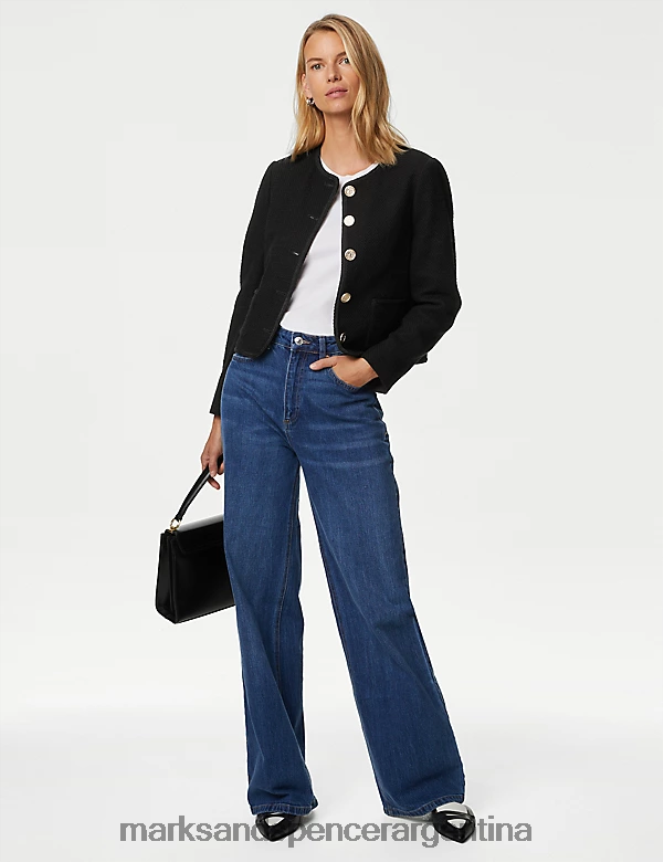 Marks & Spencer mujer chaqueta corta holgada sin cuello de tweed ropa negro 46VL452