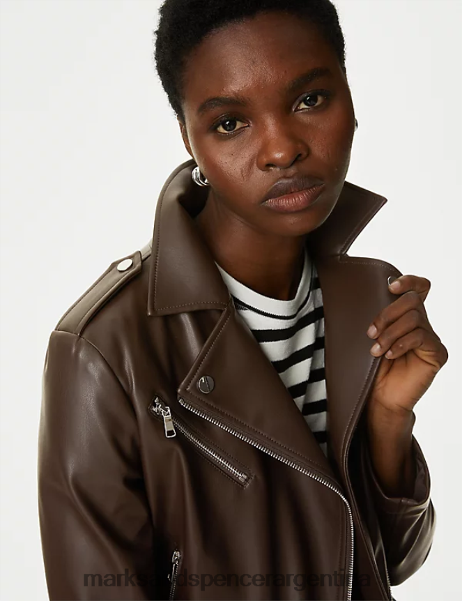 Marks & Spencer mujer chaqueta motera de piel sintética ropa chocolate 46VL774