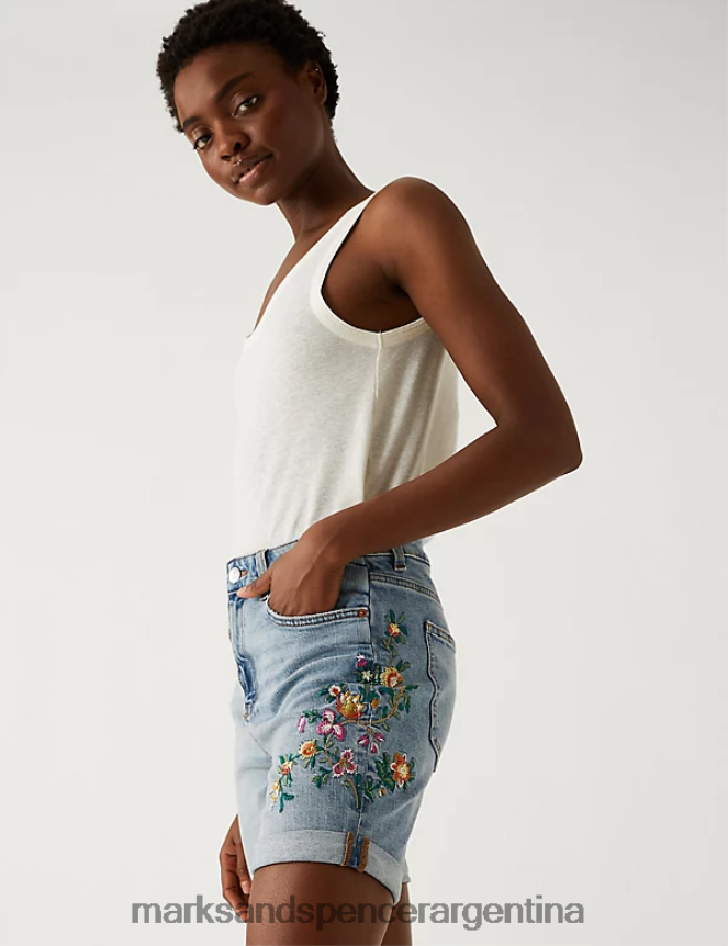 Marks & Spencer mujer shorts de mezclilla estilo boyfriend con bordados ropa índigo medio 46VL2862