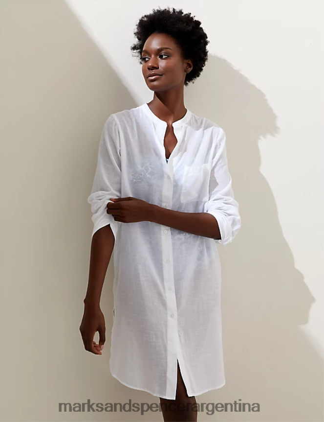 Marks & Spencer mujer Camisa tipo pareo de playa sin cuello de puro algodón ropa blanco 46VL742