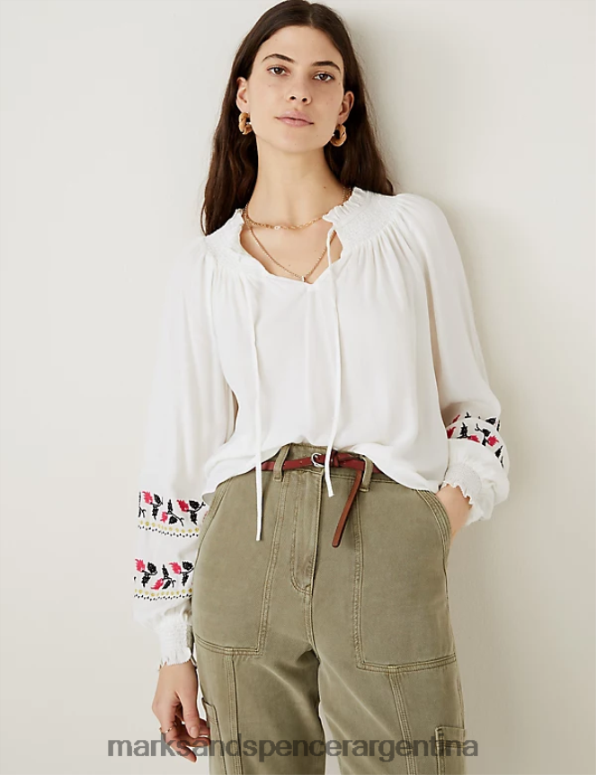 Marks & Spencer mujer blusa con bordado y lazo en el cuello ropa mezcla de marfil 46VL1224