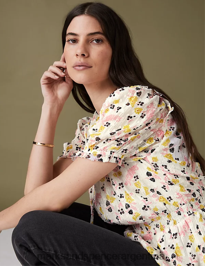 Marks & Spencer mujer blusa con cintura floral brillante ropa mezcla cruda 46VL1036