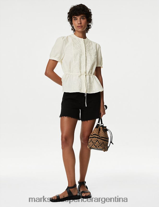 Marks & Spencer mujer blusa con cuello alto y bordado en lino ropa Marfil 46VL348