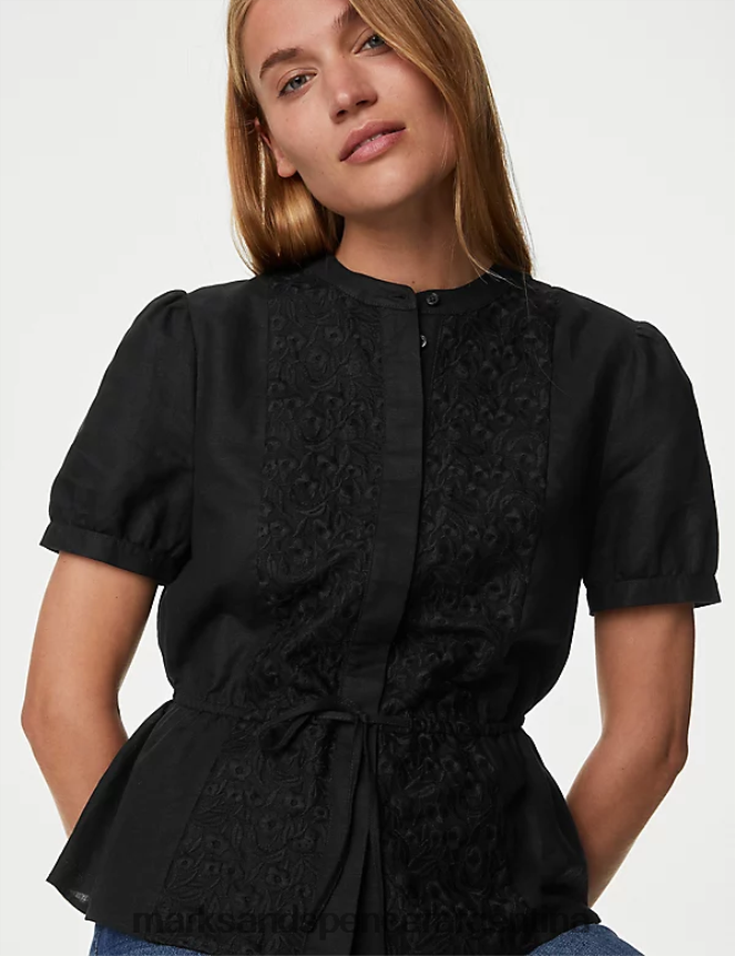 Marks & Spencer mujer blusa con cuello alto y bordado en lino ropa negro 46VL42