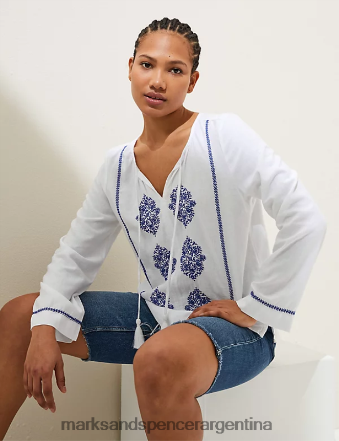 Marks & Spencer mujer blusa con cuello anudado y bordado en lino ropa blanco 46VL2148