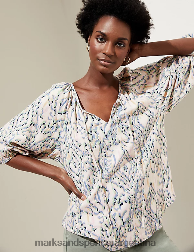 Marks & Spencer mujer blusa con cuello anudado y estampado rico en lino ropa multi 46VL1772
