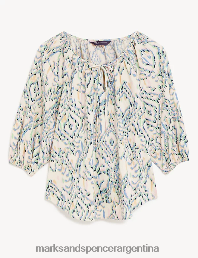 Marks & Spencer mujer blusa con cuello anudado y estampado rico en lino ropa multi 46VL1772