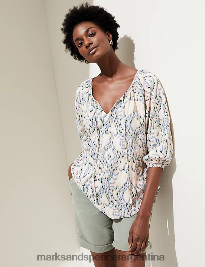 Marks & Spencer mujer blusa con cuello anudado y estampado rico en lino ropa multi 46VL1772