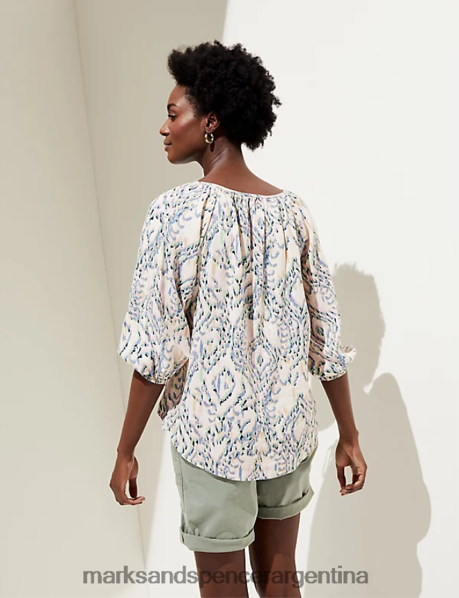 Marks & Spencer mujer blusa con cuello anudado y estampado rico en lino ropa multi 46VL1772