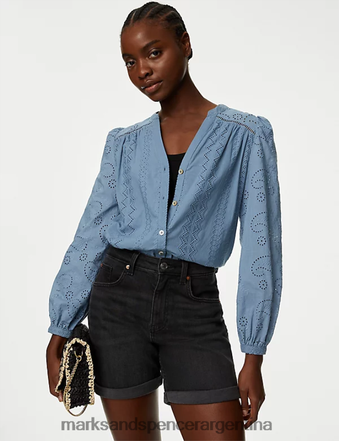 Marks & Spencer mujer blusa con cuello en V y bordado de puro algodón ropa gris azul 46VL1996
