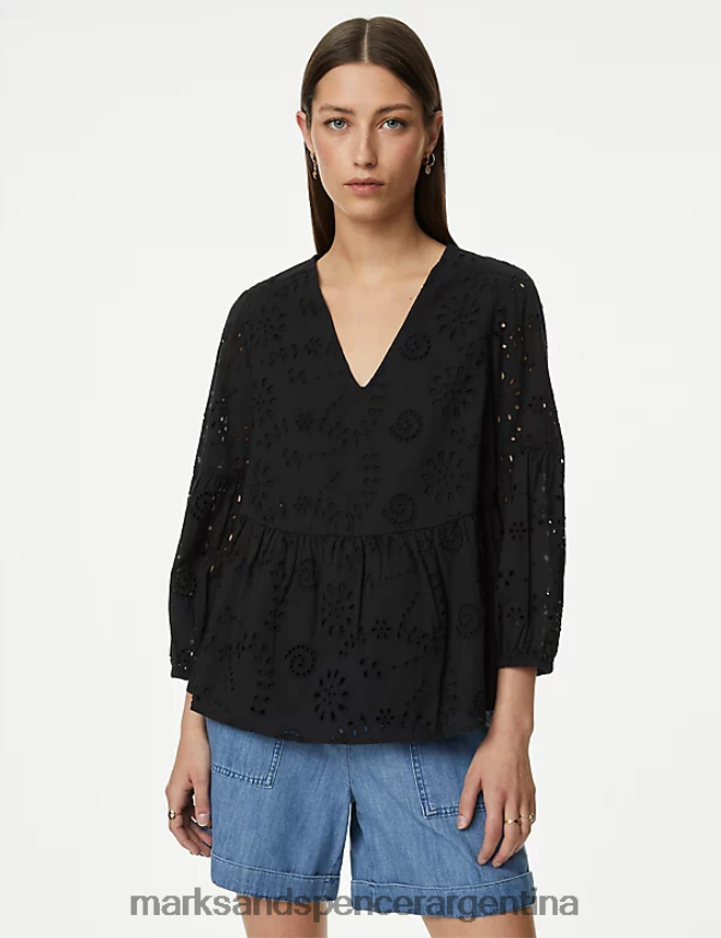 Marks & Spencer mujer blusa con cuello en V y bordado de puro algodón ropa negro 46VL396