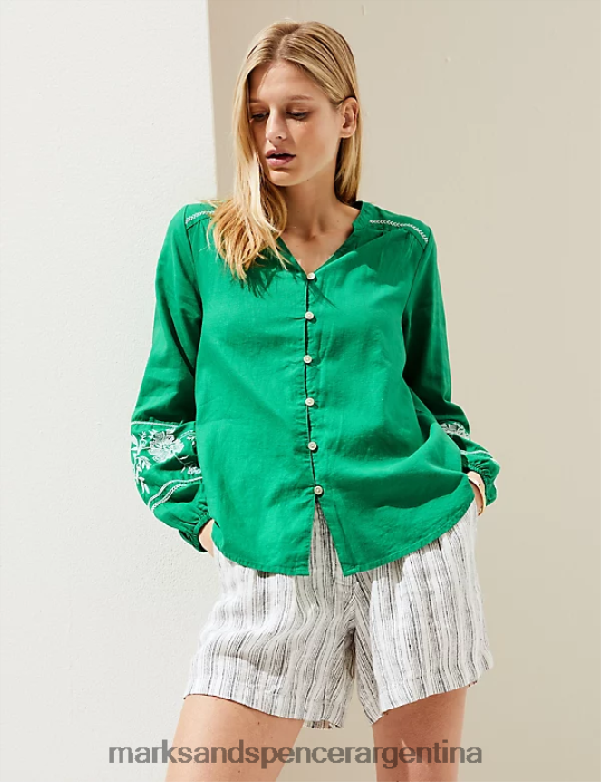 Marks & Spencer mujer blusa con cuello en V y bordado en lino ropa verde brillante 46VL1112