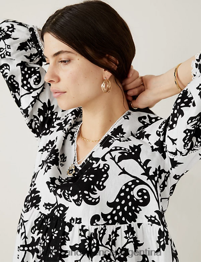 Marks & Spencer mujer blusa con cuello en V y estampado floral rico en lino ropa mezcla cruda 46VL1220
