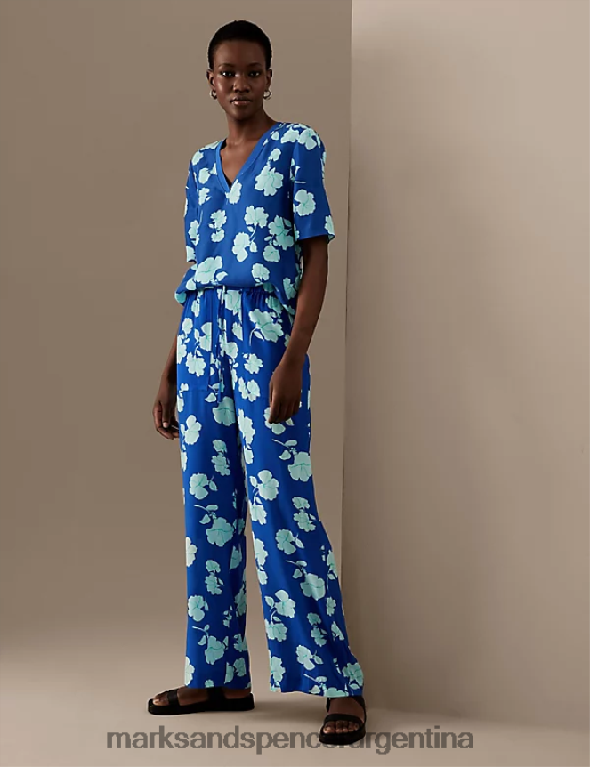 Marks & Spencer mujer blusa con cuello en V y estampado rico en cupro ropa mezcla azul 46VL1536