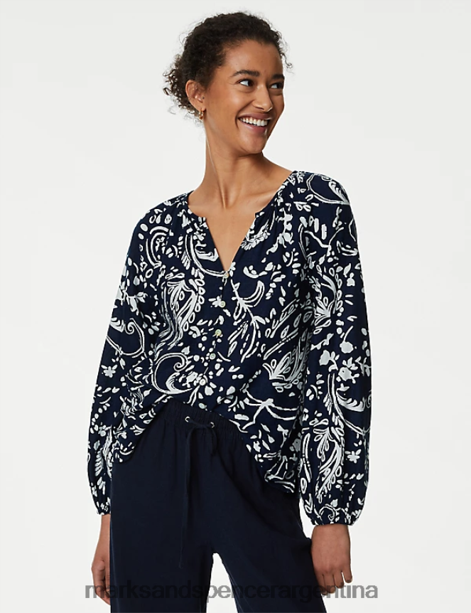 Marks & Spencer mujer blusa con cuello en V y estampado rico en lino ropa mezcla azul marino 46VL2154