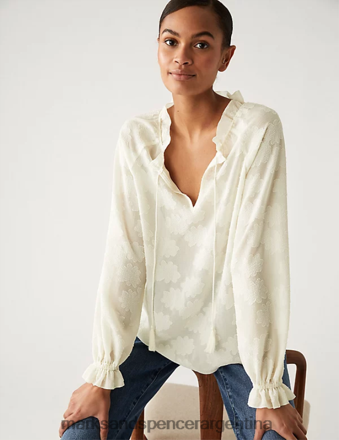 Marks & Spencer mujer blusa con cuello en V y popover en jacquard ropa Marfil 46VL2274