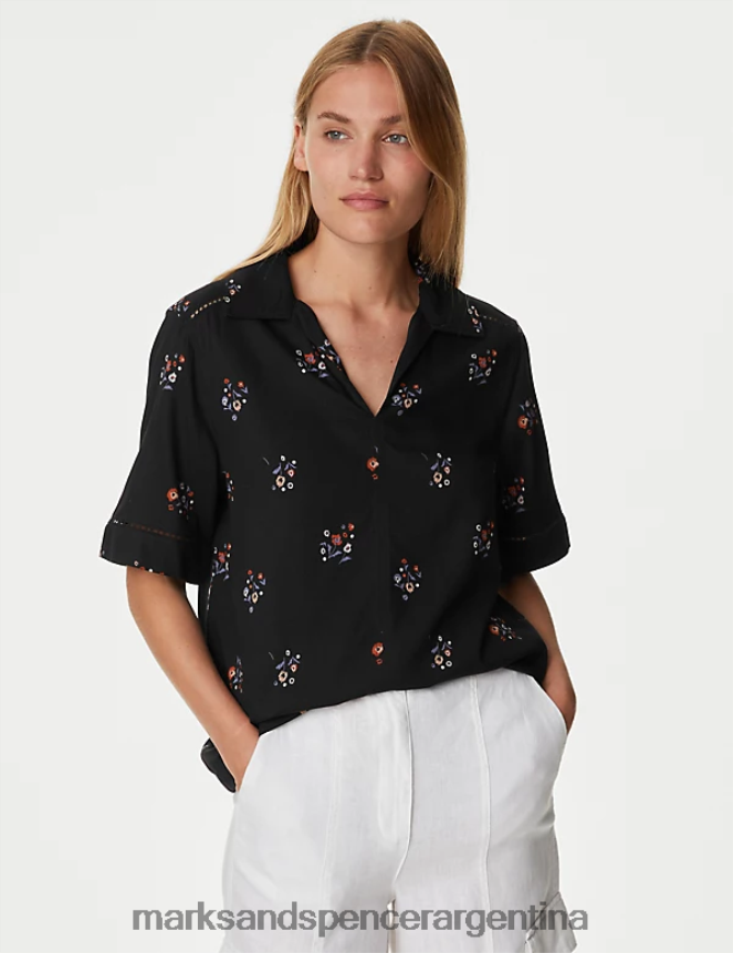 Marks & Spencer mujer blusa con cuello floral ropa mezcla negra 46VL536