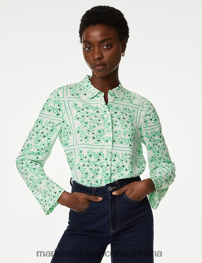 Marks & Spencer mujer blusa con cuello floral ropa mezcla verde 46VL1358