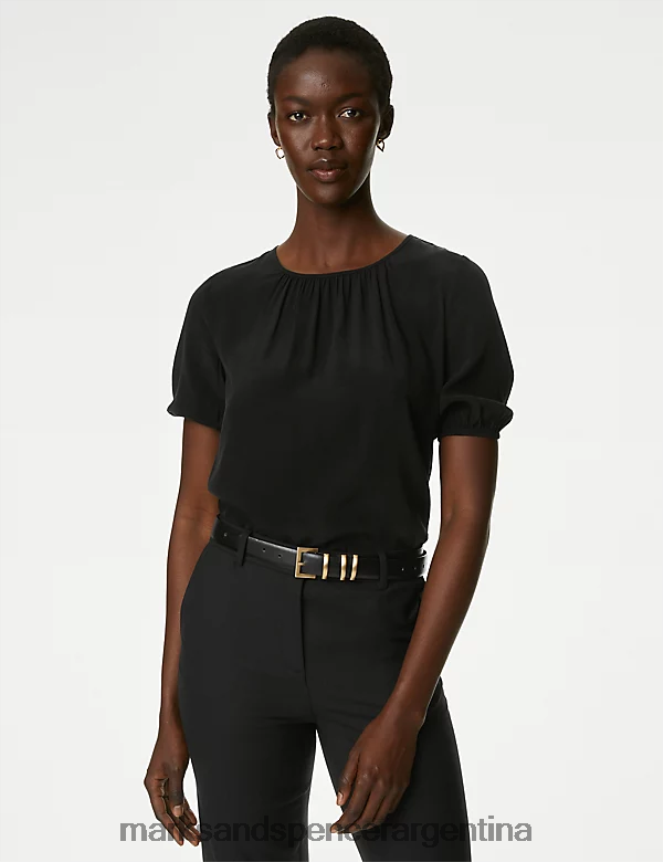 Marks & Spencer mujer blusa con cuello redondo y manga abullonada enriquecido en cupro ropa negro 46VL2080