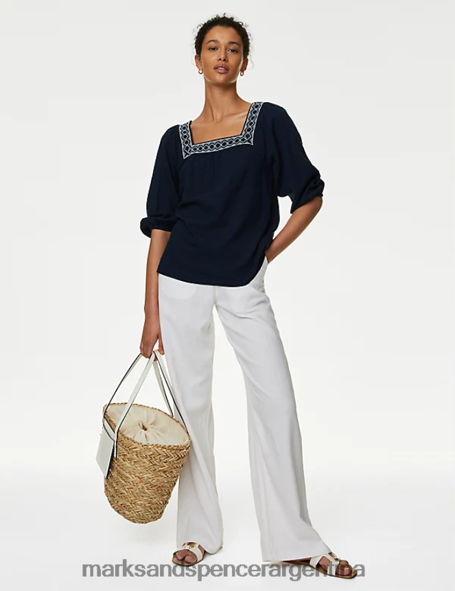 Marks & Spencer mujer blusa con mangas abullonadas y bordado en mezcla de lino ropa Armada 46VL572