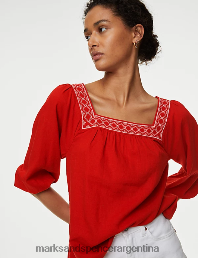 Marks & Spencer mujer blusa con mangas abullonadas y bordado en mezcla de lino ropa cobre 46VL252
