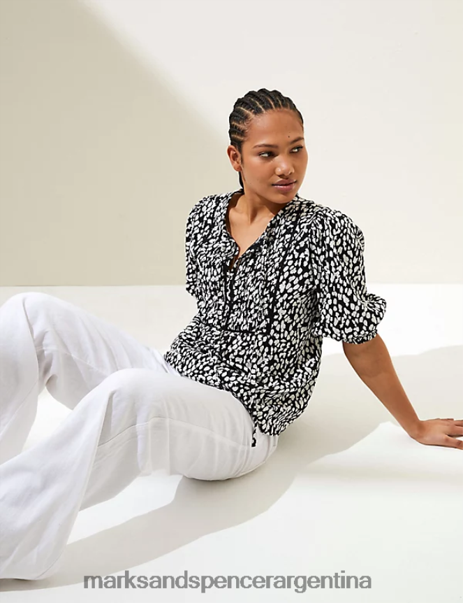 Marks & Spencer mujer blusa con mangas abullonadas y estampado rico en lino ropa mezcla negra 46VL1828