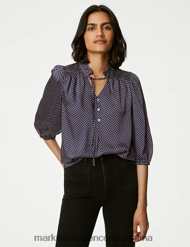 Marks & Spencer mujer blusa con volante estampado y lazo en el frente ropa mezcla azul marino 46VL344