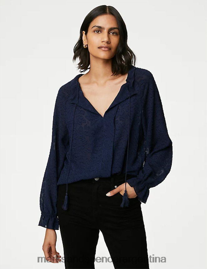Marks & Spencer mujer blusa con volantes y cuello anudado en jacquard ropa Armada 46VL710