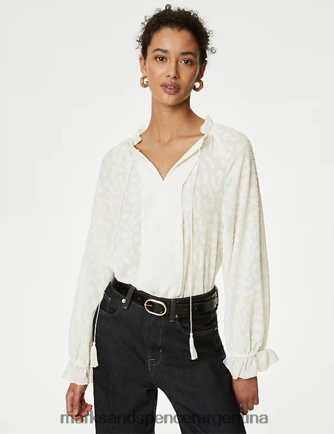 Marks & Spencer mujer blusa con volantes y cuello anudado en jacquard ropa Marfil 46VL354
