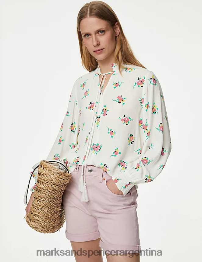Marks & Spencer mujer blusa con volantes y lazo floral en el cuello ropa mezcla rosa 46VL1096