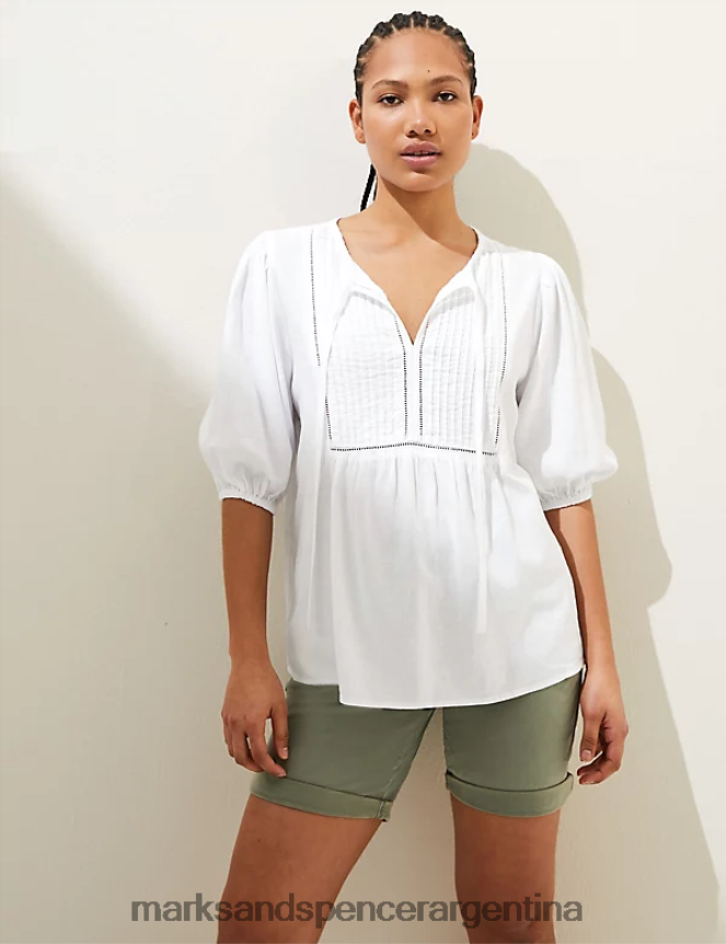 Marks & Spencer mujer blusa de lino con cuello anudado y mangas abullonadas ropa blanco 46VL2604