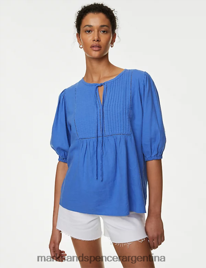 Marks & Spencer mujer blusa de lino con cuello anudado y mangas abullonadas ropa lupino 46VL2246