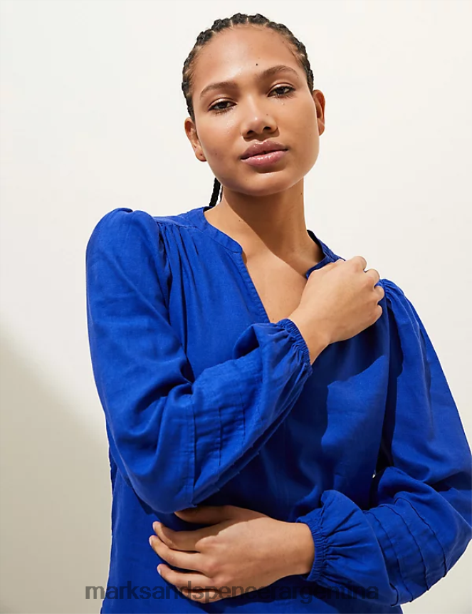 Marks & Spencer mujer blusa de lino con cuello en V y manga blusón ropa azul eléctrico 46VL1248