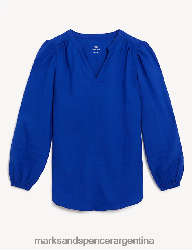 Marks & Spencer mujer blusa de lino con cuello en V y manga blusón ropa azul eléctrico 46VL1248