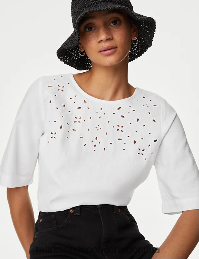 Marks & Spencer mujer blusa de lino con detalles calados ropa blanco 46VL974