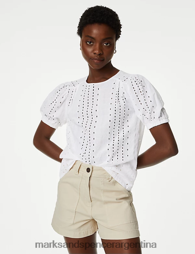 Marks & Spencer mujer blusa de manga abullonada con bordado de puro algodón ropa blanco suave 46VL284