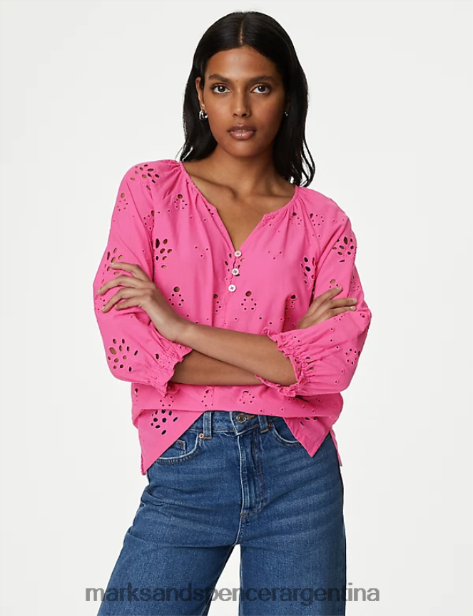 Marks & Spencer mujer blusa de manga abullonada con bordado de puro algodón ropa florecer 46VL1646