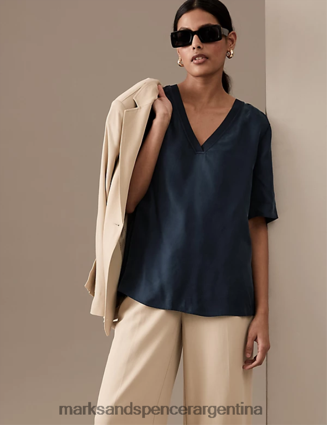 Marks & Spencer mujer blusa de manga corta con cuello en V y rico en cupro ropa Armada 46VL2892