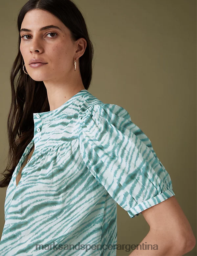 Marks & Spencer mujer blusa de manga corta estampada de puro algodón ropa espuma de mar mediana 46VL3000