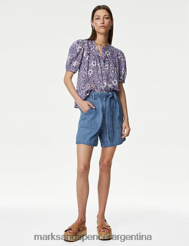 Marks & Spencer mujer blusa de manga corta estampada de puro algodón ropa mezcla morada 46VL2656