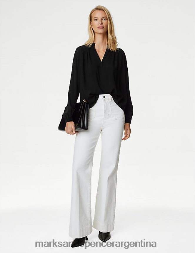 Marks & Spencer mujer blusa de manga larga sin cuello y corte estándar ropa negro 46VL2244