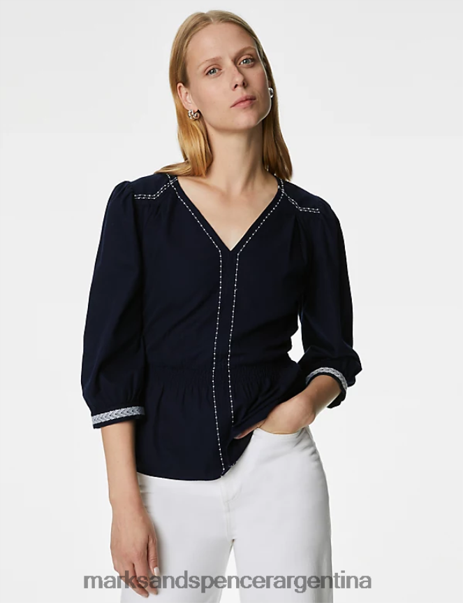 Marks & Spencer mujer blusa de puro algodón bordada con cuello en V ropa Armada 46VL1250