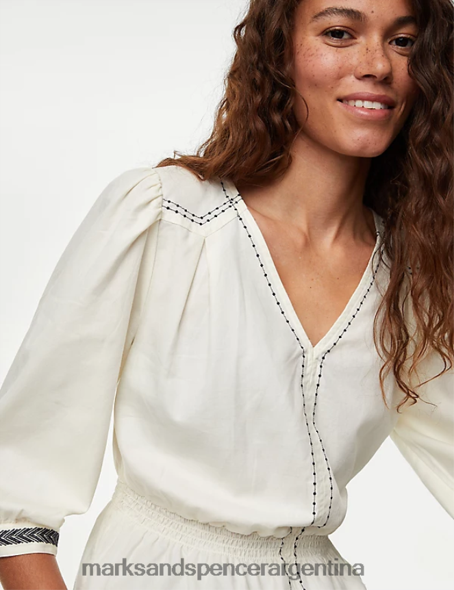 Marks & Spencer mujer blusa de puro algodón bordada con cuello en V ropa Marfil 46VL884